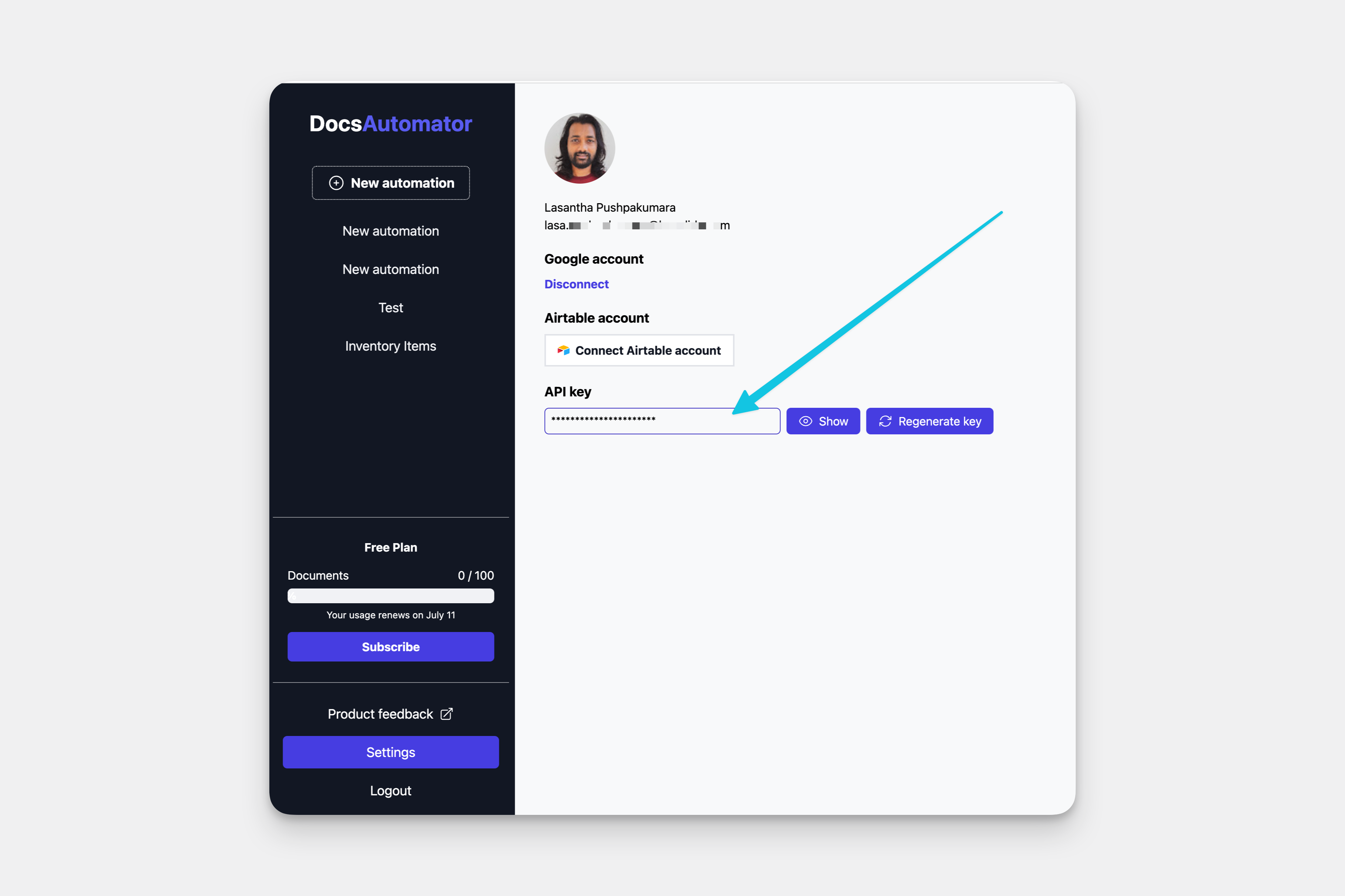 Locating the DocsAutomator API key